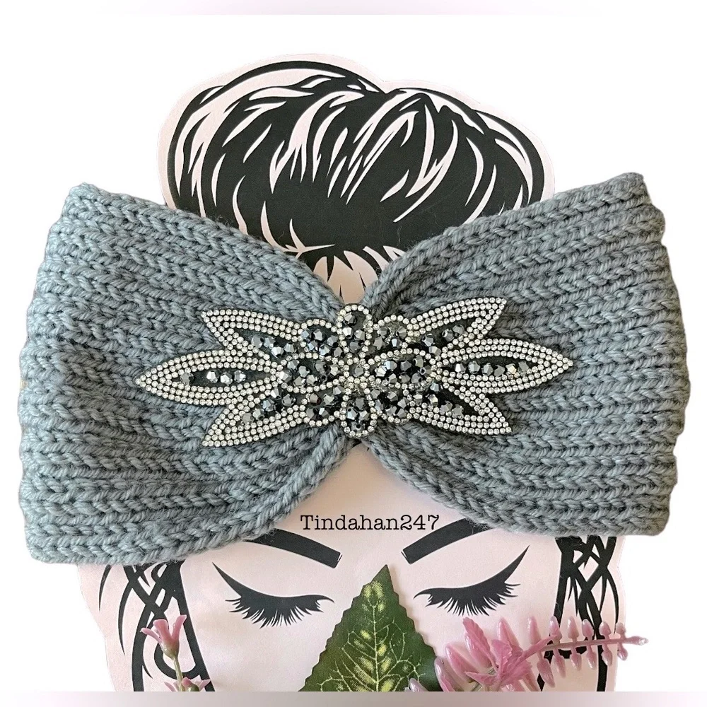 Daisy Gem Flower Design Cement Gray Knit Knot‎ Crochet Handmade Headband